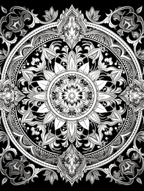 un dibujo en blanco y negro de un diseño floral circular ai generativo