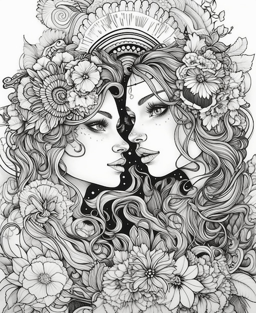 Un dibujo en blanco y negro de dos mujeres con flores alrededor de la cabeza.