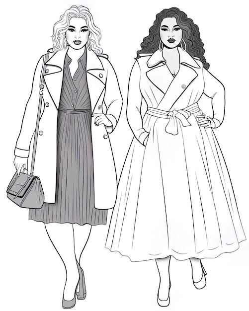 un dibujo en blanco y negro de dos mujeres en una línea