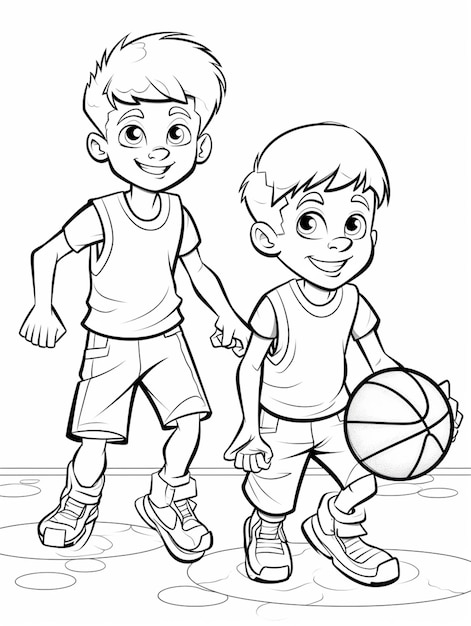 Foto un dibujo en blanco y negro de dos niños jugando baloncesto ai generativo