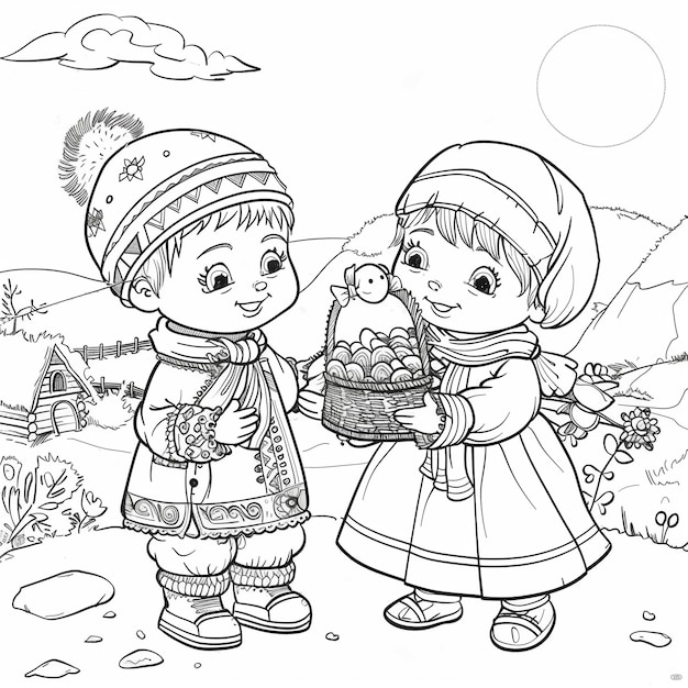 un dibujo en blanco y negro de dos niños con ropa de invierno