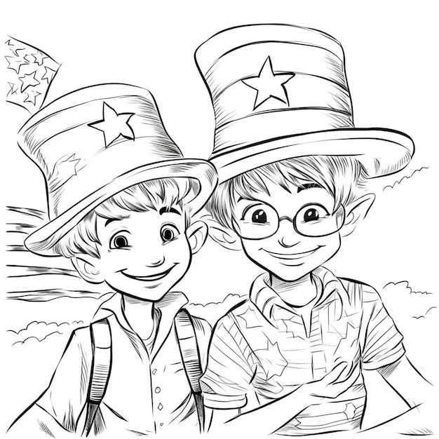 Un dibujo en blanco y negro de dos niños con un sombrero que dice "américa".