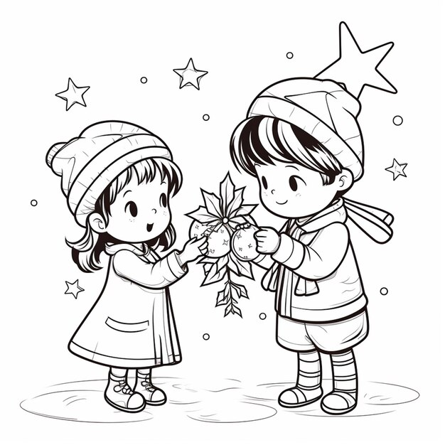 un dibujo en blanco y negro de dos niños sosteniendo flores