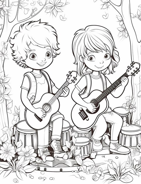 un dibujo en blanco y negro de dos niños tocando la guitarra ai generativo