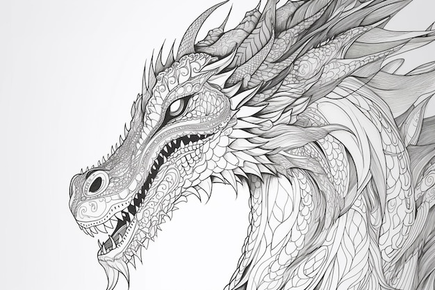 Dibujo en blanco y negro de un dragón con una gran boca abierta.