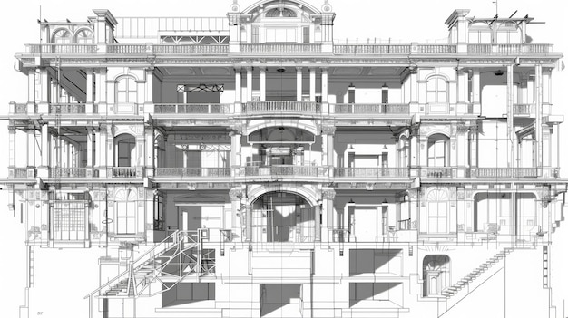 un dibujo en blanco y negro de un edificio con un balcón