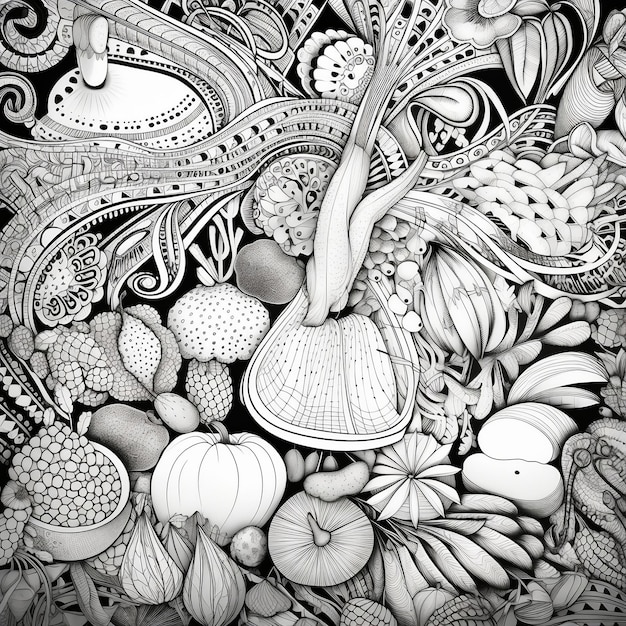 Un dibujo en blanco y negro de una escena de frutas y verduras.