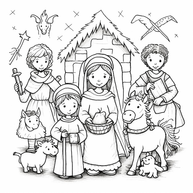 Foto un dibujo en blanco y negro de una escena de la natividad con un bebé jesús y otros niños generativo ai