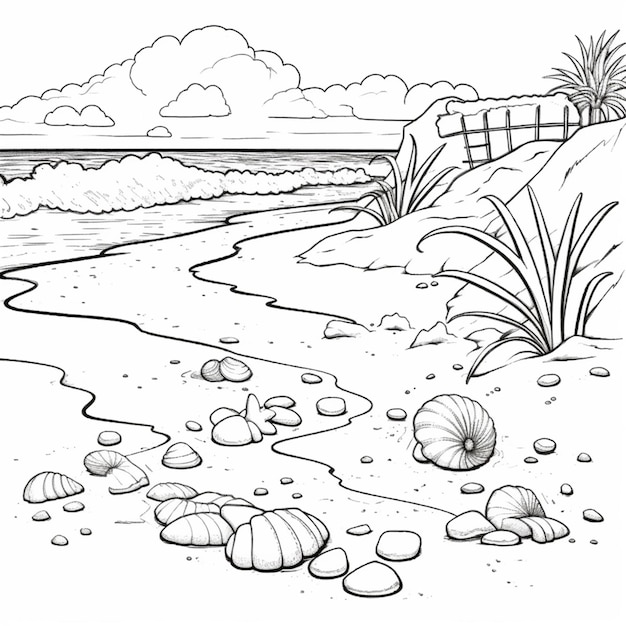 un dibujo en blanco y negro de una escena de playa con rocas y agua ai generativo