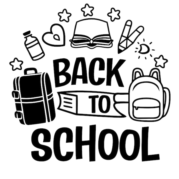 un dibujo en blanco y negro de una escuela con una imagen de una mochila y una mochila