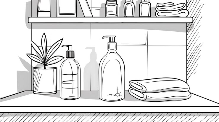 Foto un dibujo en blanco y negro de un estante con varias botellas y botellas