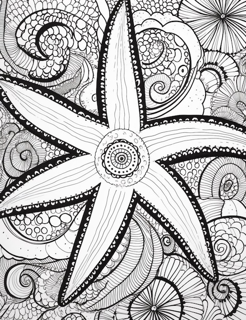 Foto un dibujo en blanco y negro de una estrella de mar rodeada de remolinos generativos ai