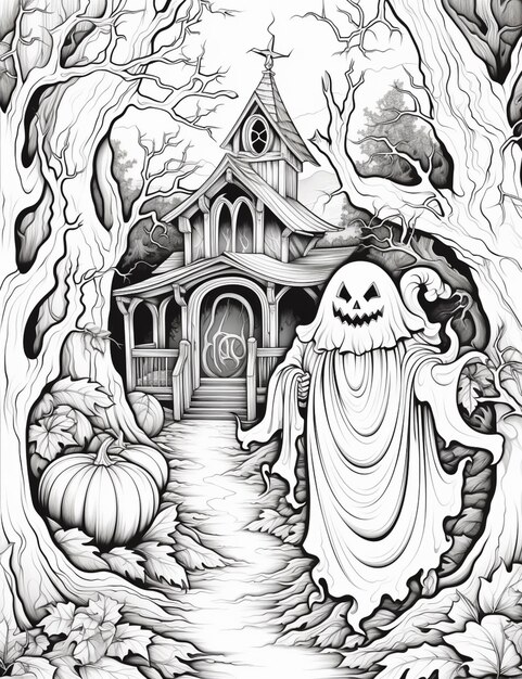 un dibujo en blanco y negro de un fantasma frente a una casa generativa ai