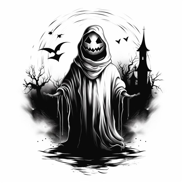 un dibujo en blanco y negro de un fantasma sucio con una cara espeluznante