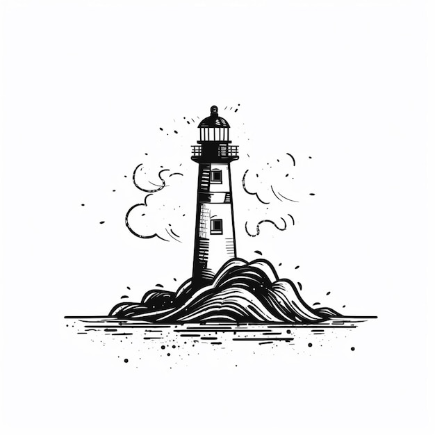 Foto un dibujo en blanco y negro de un faro sobre una onda generativa ai