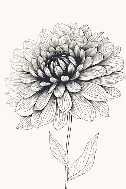 Un dibujo en blanco y negro de una flor de dalia.