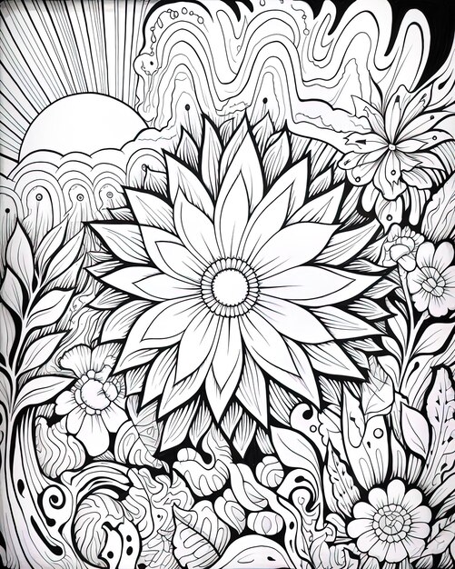 un dibujo en blanco y negro de una flor con una flor grande