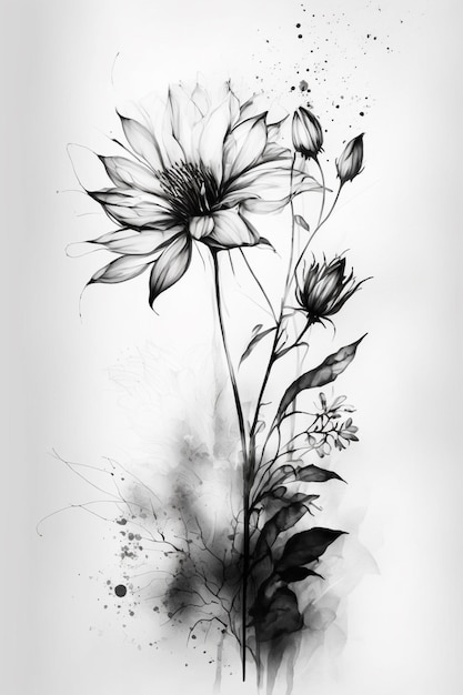 un dibujo en blanco y negro de una flor con un fondo salpicado de ai generativo