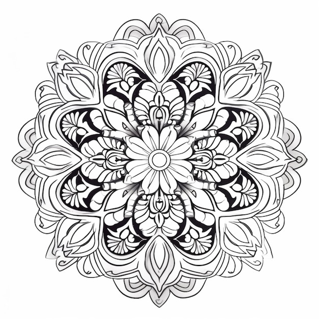 Un dibujo en blanco y negro de una flor con un gran centro generativo ai
