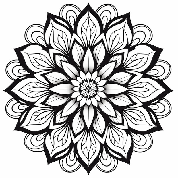 Un dibujo en blanco y negro de una flor con hojas ai generativo