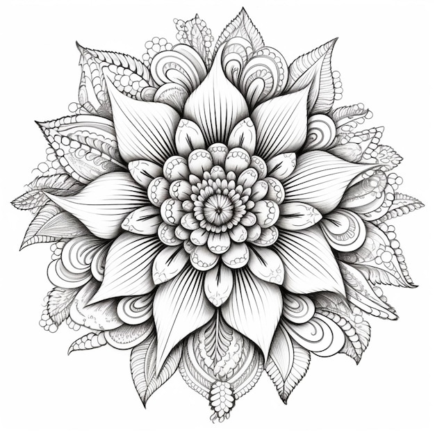 Un dibujo en blanco y negro de una flor con hojas ai generativo