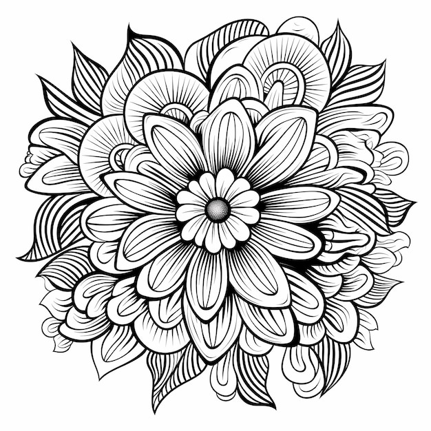 un dibujo en blanco y negro de una flor con hojas y flores