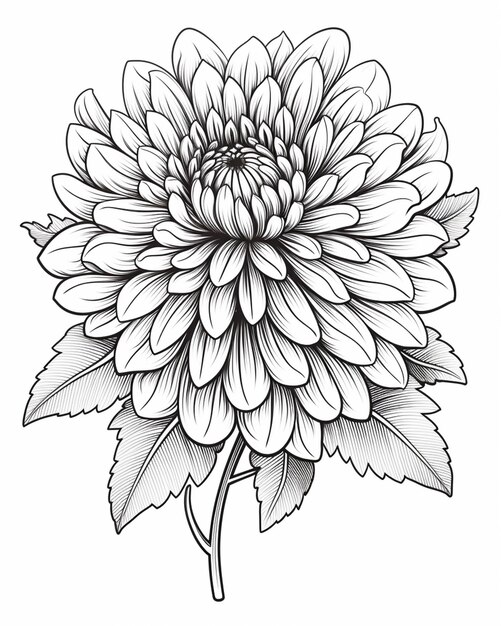 Foto un dibujo en blanco y negro de una flor con hojas generativ ai