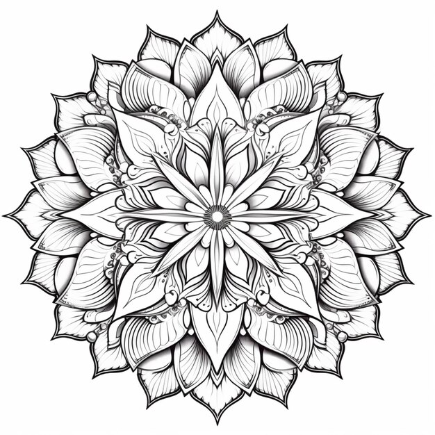 un dibujo en blanco y negro de una flor con hojas generativas ai