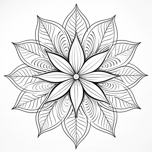un dibujo en blanco y negro de una flor con hojas generativas ai