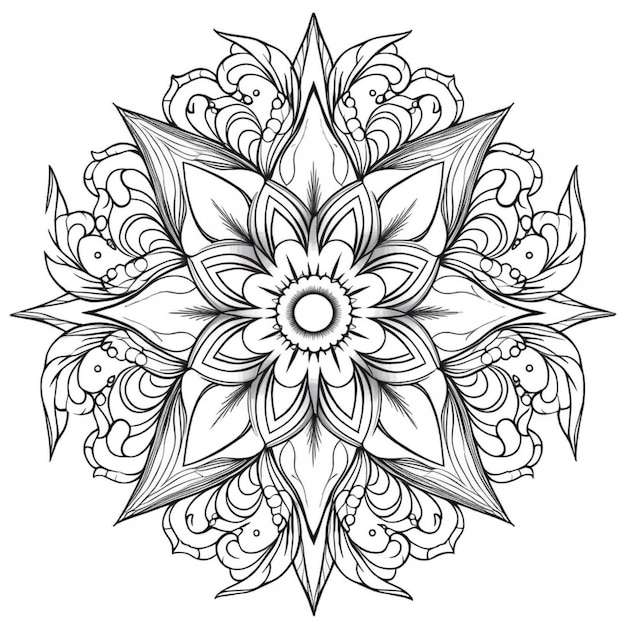 un dibujo en blanco y negro de una flor con hojas generativas ai