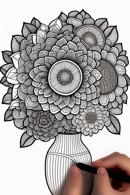 Foto un dibujo en blanco y negro de una flor con un lápiz.