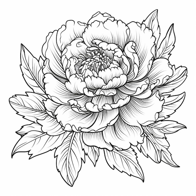 un dibujo en blanco y negro de una flor de peonía generativa ai