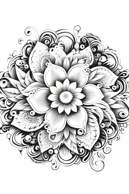 Un dibujo en blanco y negro de una flor con remolinos ai generativo