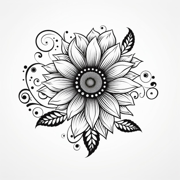 un dibujo en blanco y negro de una flor con remolinos generativos ai