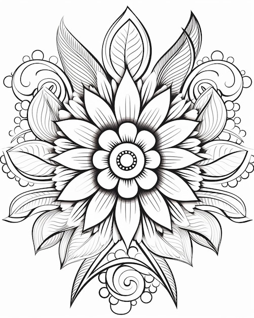 un dibujo en blanco y negro de una flor con remolinos generativos ai