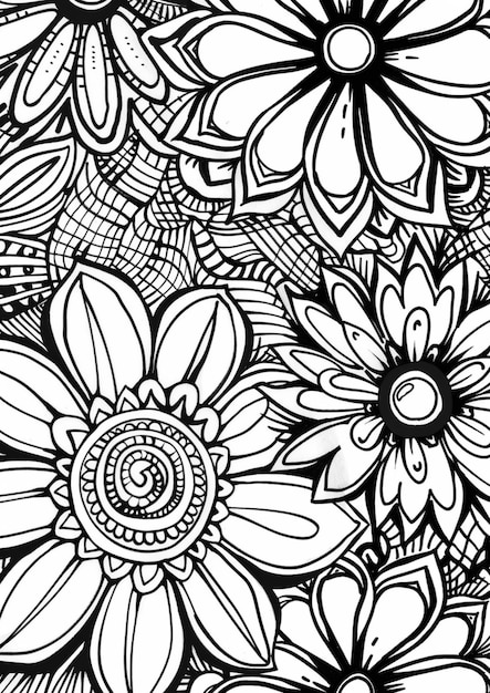 un dibujo en blanco y negro de flores y un fondo negro