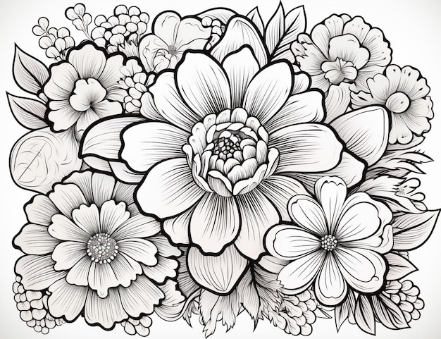 un dibujo en blanco y negro de flores y hojas ai generativo