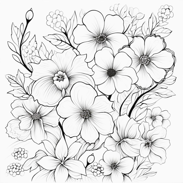 un dibujo en blanco y negro de flores con hojas y bayas ai generativo