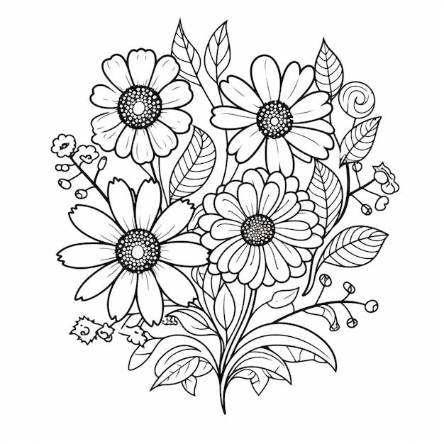 un dibujo en blanco y negro de flores con hojas y bayas generativas ai