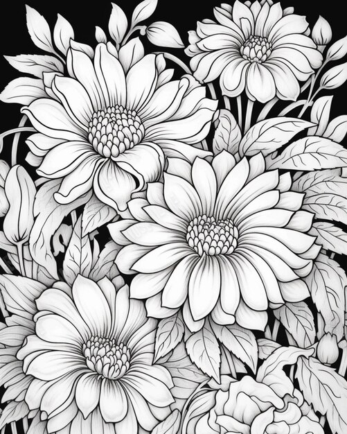 Un dibujo en blanco y negro de flores con hojas y flores generativas ai
