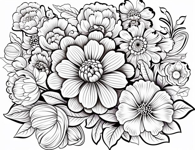 Foto un dibujo en blanco y negro de flores con hojas generativas ai