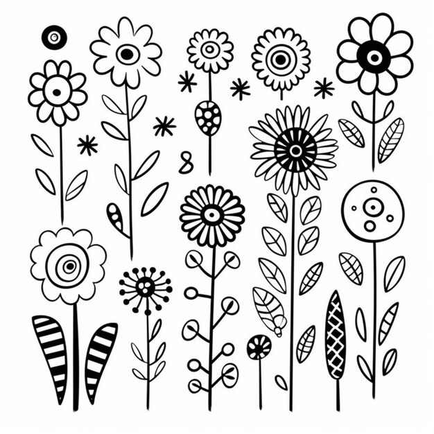 Foto un dibujo en blanco y negro de flores y hojas ia generativa