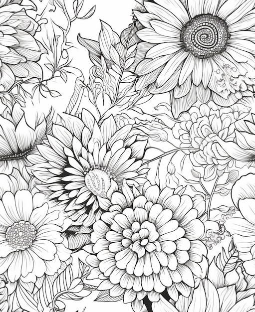 Un dibujo en blanco y negro de flores y hojas.