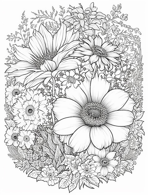 Un dibujo en blanco y negro de flores y hojas.