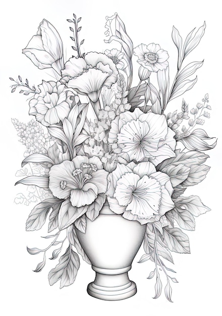 un dibujo en blanco y negro de flores en un jarrón con las palabras "flores".