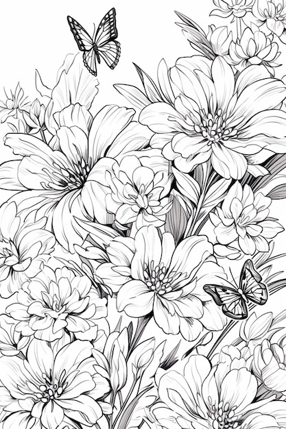 Un dibujo en blanco y negro de flores con una mariposa volando sobre ellas ai generativo