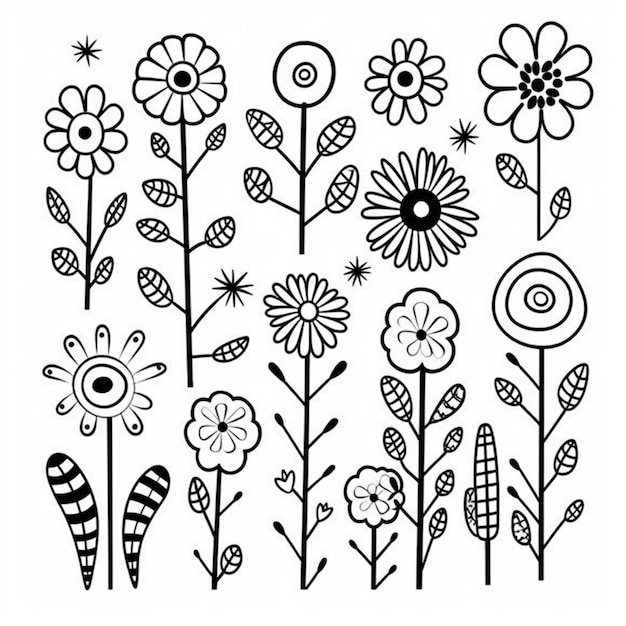 Foto un dibujo en blanco y negro de flores y mariposas ai generativo.