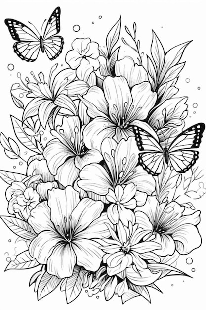 Un dibujo en blanco y negro de flores con mariposas ai generativo.