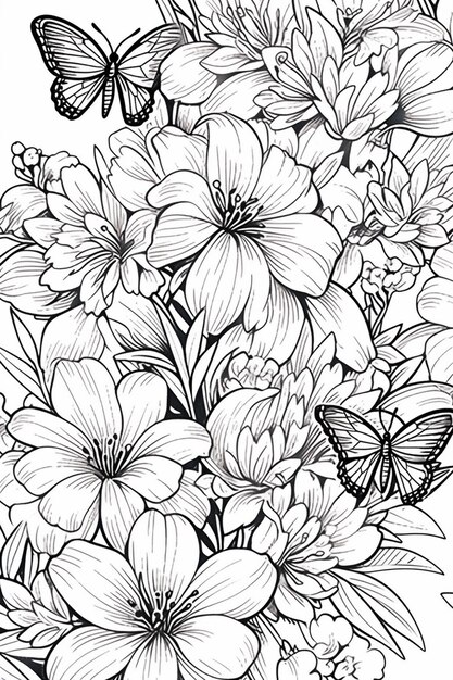 un dibujo en blanco y negro de flores y mariposas generativo ai