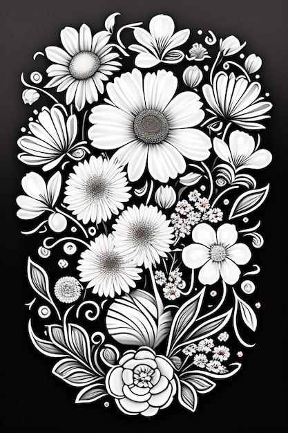 Un dibujo en blanco y negro de flores con la palabra flores en él.